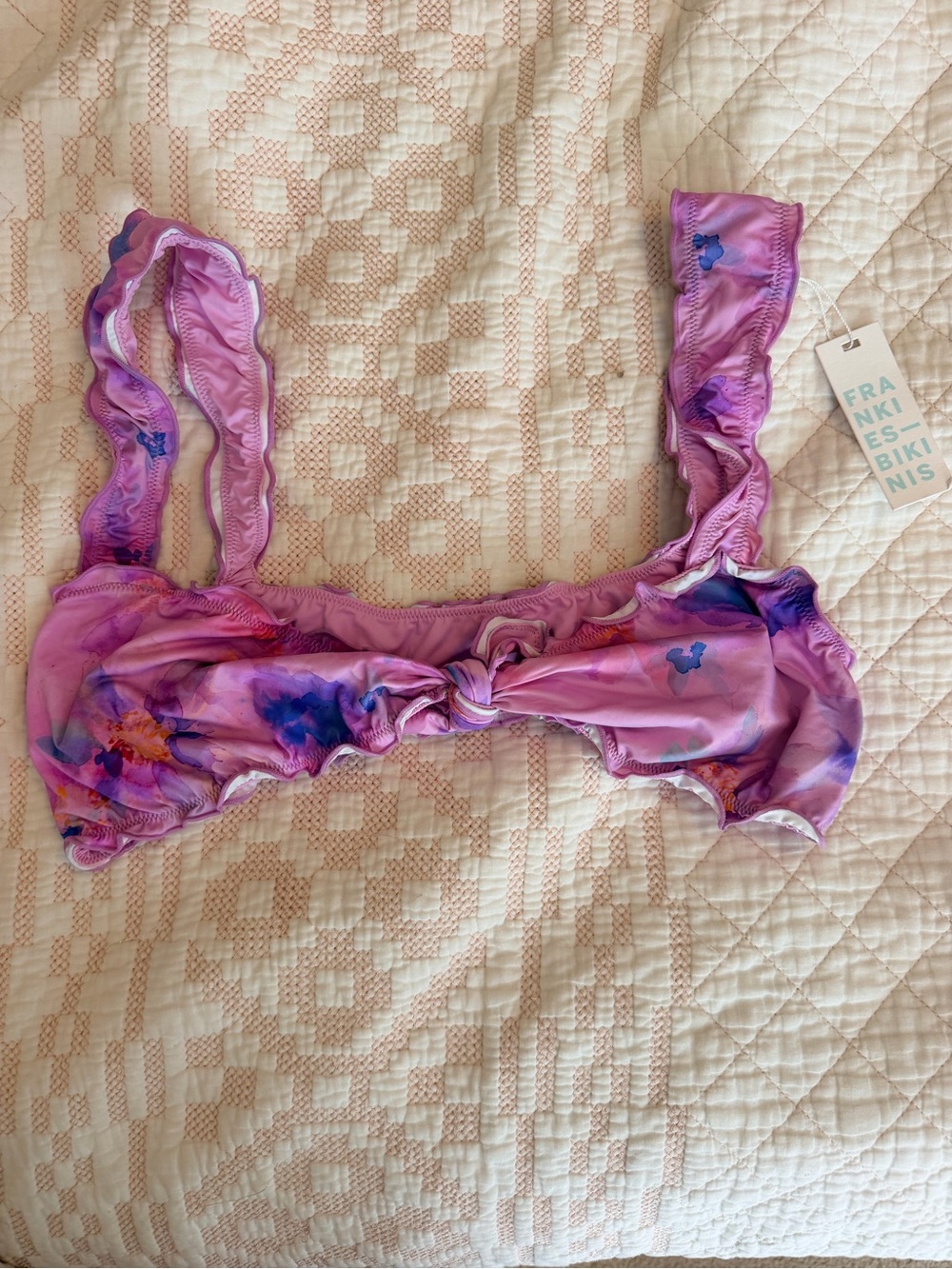 Frankie's Bikinis Watercolor Floral Tie-Front Bikini Top